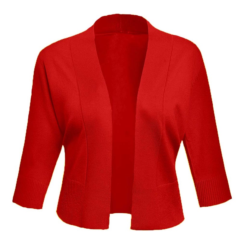 AAMILIFE Women's 3/4 Sleeve Cropped Cardigans Sweaters Jackets Open Front Short Shrugs for Dresses Red M - Image 2
